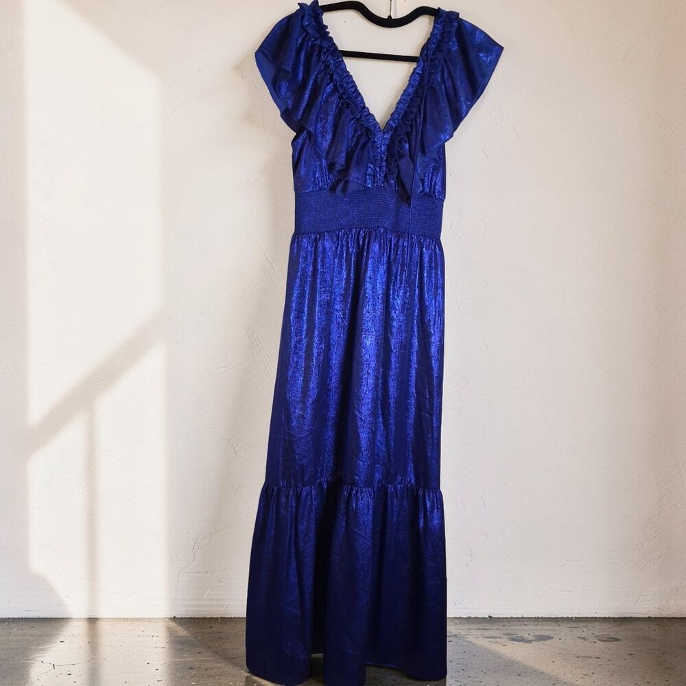 Adrianna Papell Metallic Foil Woven Ruffle Midi Dress Royal Sapphire Blue 4 NWT